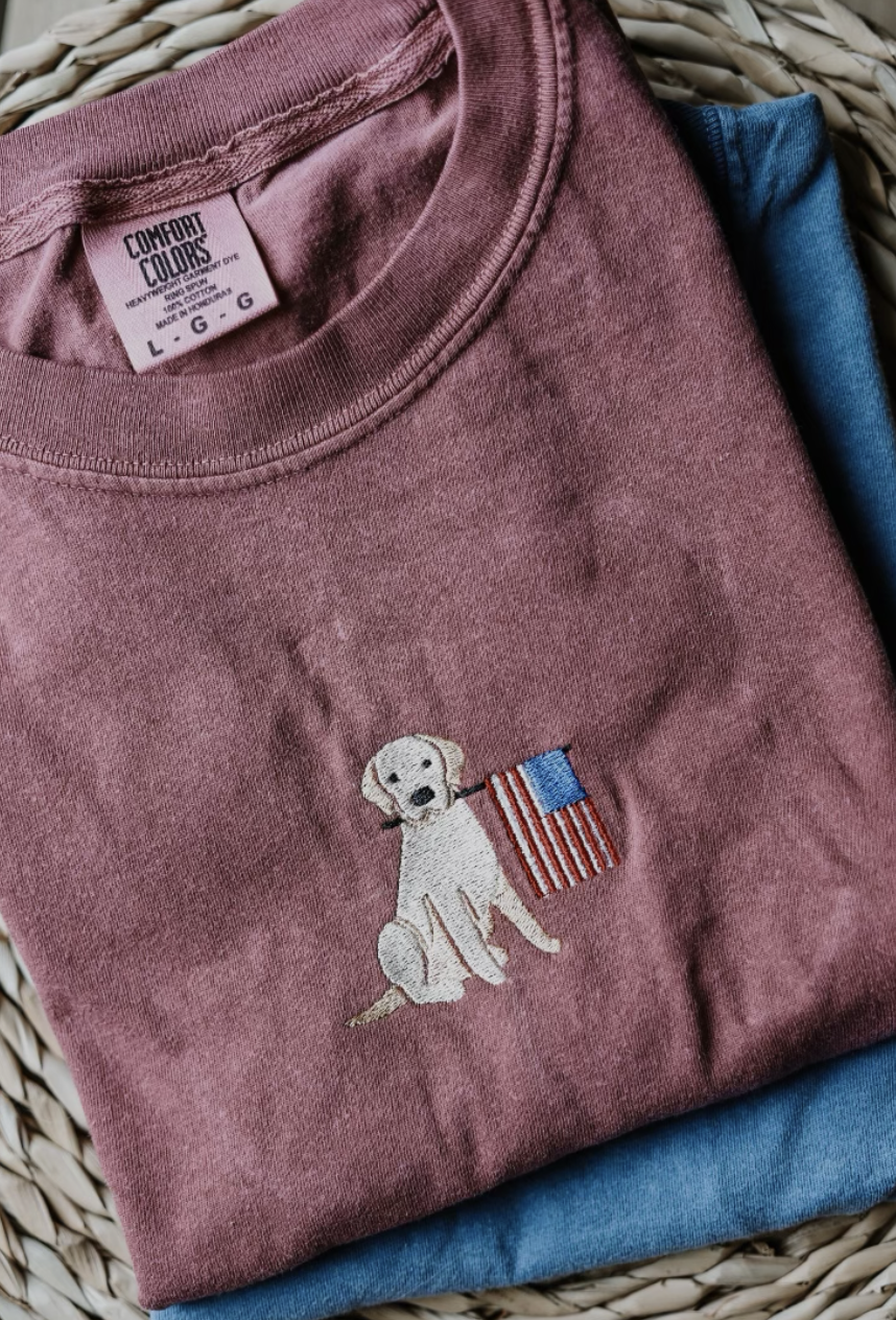 dog and flag embroidered tee